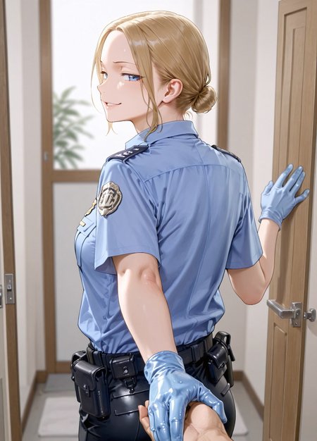 masterpiece, best quality, amazing quality, absurdres, 

0c_tsa,1girl, blonde hair, single hair bun, low hair bun, blue eyes, parted lips, medium breasts,

 police uniform, policewoman, blue shirt, collared shirt, epaulette, badge, name tag, blue gloves, rubber gloves, black pants, belt, pouch,

 , 1boy, pov, holding hand, look back, smug, smirk, open door, room, blurry background, depth_of_field, focus, from behind, back view, 