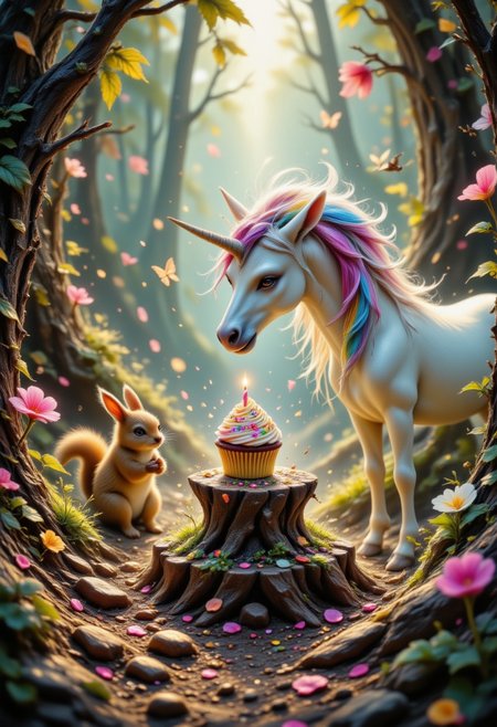 sparkle, reij-ccnt, accent details, Jedjv1, Imagine a whimsical birthday scene set in a sun-dappled, enchanted forest. In the center stands a majestic unicorn with a shimmering white coat and a flowing, iridescent mane of pastel colors, from soft pinks to light blues. The unicorn’s large, gentle eyes sparkle with joy as it lowers its head slightly, almost bowing toward a beautifully decorated cupcake on a tree stump. The cupcake is adorned with colorful sprinkles, a swirl of rainbow frosting, and a single, glittering candle that flickers with a magical glow.Beside the unicorn is a playful squirrel with a bushy tail, perched on its hind legs and gazing excitedly at the cupcake. The squirrel holds a small acorn as if it’s preparing to join the celebration by offering its own gift. Around them, flowers in vibrant colors bloom, and glowing fairy lights hang from the branches above, casting a soft, warm light over the scene. In the background, woodland creatures, including rabbits and birds, peek out to watch the festivities, adding to the joyful atmosphere.The forest floor is dotted with petals, and a gentle breeze causes the leaves to dance, giving the entire setting a magical, animated feeling. Tiny butterflies and fireflies float around the unicorn and squirrel, adding to the scene’s enchanting, birthday celebration ambiance. The overall mood is warm, joyful, and filled with a sense of wonder and friendship,