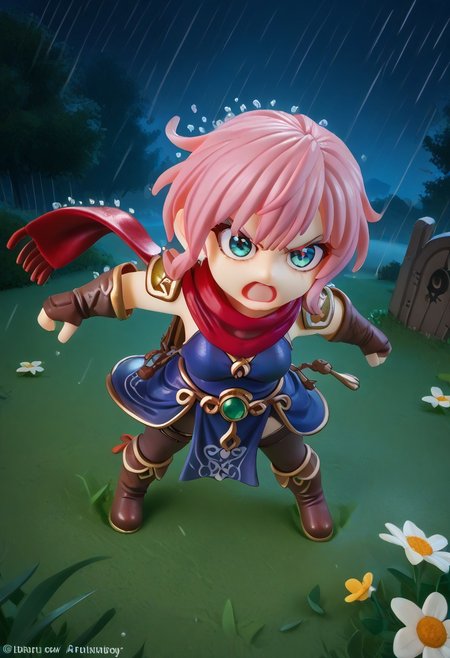 score_9, score_8_up, score_7_up, score_6_up, score_5_up, score_4_up, 1girl, Gnome, short stature, big eyes and ears, pink hair, fauxhawk, blue eyes, dark skin, outdoors, night, dark, cloudy, night sky, ((rain)), wet, wet clothes, wet hair, cloudy, detailed, beautiful, cute eyes, open mouth, warrior armor, shield, fantasy armor, green jewel on breastplate, red scarf flapping in wind, large brown backpack, 4fingers, fist, glade, flowers, trees, standing on grass, angry, determined, fight, from above, high angle, heroic, graveyard, skeletons,
