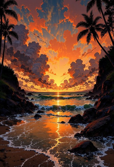 Hawaiian Sunset Beach – Lava Rocks & Fiery Sky
"A dramatic Hawaiian beach at sunset, where the golden light glows against rugged black lava rocks and swaying palm trees. The ocean reflects deep hues of amber and purple, with gentle waves rolling onto the soft, warm sand. In the distance, the sun dips below the horizon, casting long streaks of fiery light across the sky."
