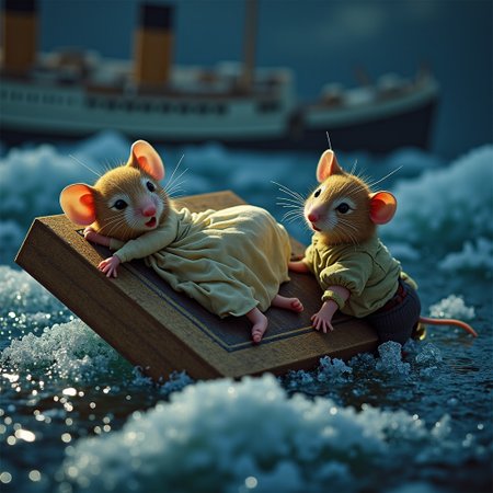 A scene inspired by James Cameron's Titanic, but with anthropomorphic mice instead of human characters. The female mouse, resembling Rose, is lying on a floating wooden door, clinging to it for safety. The male mouse, representing Jack, is holding onto the edge of the door from the icy water. Both mice are wearing tiny, tattered versions of early 20th-century clothing: Rose in a small dress and Jack in a simple shirt and pants. The background should show a dark, stormy night with icy waters and fragments of the Titanic in the distance. The mice's expressions should convey emotion, with Rose looking worried and Jack determined but cold