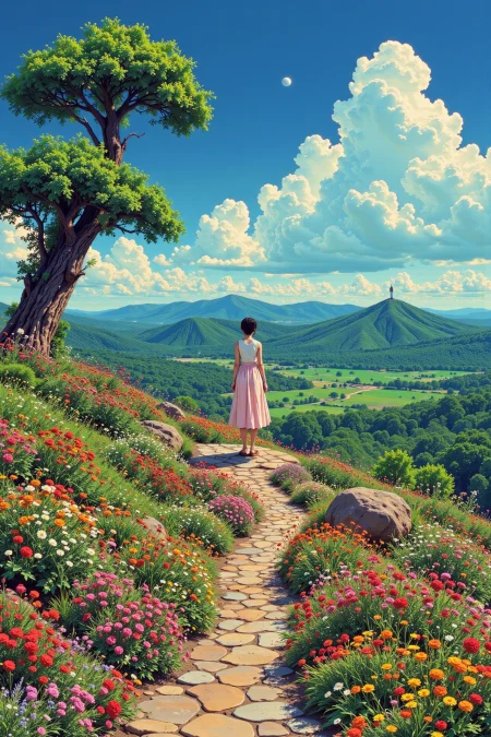 St Helenian beautiful  landscape, day, woman, very intricate, very detailed, sharp, bright, colorful, <lora:Hand v2:0.5> <lora:Anti-Blur:1><lora:Insane Detail Slider:0.25>  <lora:flux.1_lora_flyway_Epic-detail_v2:0.3> <lora:fluxenhancer:0.25> <lora:90s-anime:1> retro anime, 77oussam 90s, studio ghibli style, 1990s anime