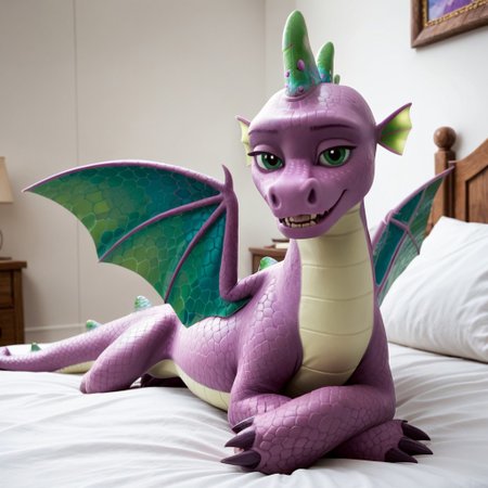 score_9, score_8_up, score_7_up, score_6_up, score_5_up, score_4_up, masterpiece, high quality, realistic, detailed, best quality, white bed, solo, rating_safe, source_pony, bedroom, smiling, seductive, looking at viewer, on bed, lying on belly, spike_mlpg5, dragon, purple scales, green wings, tail, male, 1boy, green eyes, head fins, feral
