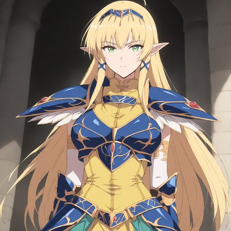 (masterpiece,high score,great score,absurdres),looking at viewer,1girl,solo,armor,<lora:Angelica ag4o v1:1> angelica, blonde hair, pointy ears, long hair, green eyes,