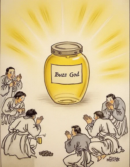 A01demort_khd, simple draw, line art, glowing honey jar labeled "Buzz God", crowd of people bowing deeply in worship, shrine-like atmosphere, reverent poses, divine light rays around jar, ceremonial scene