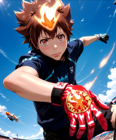 score_9, score_8_up, score_7_up,
Tsunayoshi Sawada, X-Gloves activated, intense expression, mid-air pose, flames on hands, detailed gloves, high detail, photorealistic, vibrant colors, battle-torn background
<lora:Tsunayoshi_Sawada_æ²¢ç°_ç¶±å__2_Looks_-_Katekyo_Hitman_Reborn_å®¶åº­æå¸«ããããã³REBORN_-_Pony:1> tsunayoshi sawada, brown hair, orange eyes, tsuna hyper, dynamic pose, motion lines