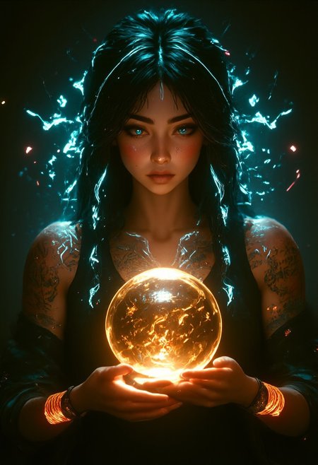 A young, athletic, 6 foot, half-japanes woman. She has medium-length dark hair that flows freely as she moves, and her expression is focused and determined. Three braids woven from her hair and cyan and golden electricity  cast glowing light.
She wears a black sleeveless loose top that shows cleavage, her large chesty and muscular arms. Her skin us covered with holographic tattoos of synthetic patterns and chip designs.
The tattoo glow with cyan and golden light from within. Highlighting the futuristic scene.
She holds a crystal ball in front of her and gazes into it. The crystal ball glows woth golden and cyan energies swirling in it forms complex code script patterns.
Close up, 50mm lens, Canon, rim lights, strip lights, soft shadows, golden ligh from right, neon cyan light from left
breathtaking, exquisitely detailed RAW HDR color photograph, capturing a masterpiece of realism with fine grain and crisp clarity. The image presents a stunning and captivating scene with brilliant lighting and a magnificent composition that adheres to the rule of thirds
film-style composition evokes the elegance of a world-famous painting. The final result is a lustrous, high-resolution image with rich detail and delicate, exquisite grain, making it ideal for wallpaper art or product shots. The centered composition emphasizes the subject, creating a strong, magnificent visual that serves as the perfect backdrop.