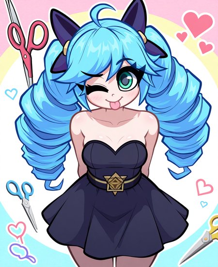 <lora:plucknix:1> plucknix,
(masterpiece), (best quality), (ultra-detailed), amazing quality, very aesthetic, illustration, perfect composition, intricate details, absurdres, incredibly absurdres, shiny skin, realistic,
 plucknix, 1girl, tongue, grey dress, tongue out, twin drills, dress, one eye closed, drill hair, bow, twintails, black bow, ahoge, collarbone, hair bow, smile, scissors, solo, long hair, green eyes, arm behind back, heart, black dress, p, breasts, bare shoulders, p, blue hair, looking at viewer, green hair, cowboy shot, multicolored background,  scissors, purple bow, strapless dress, general