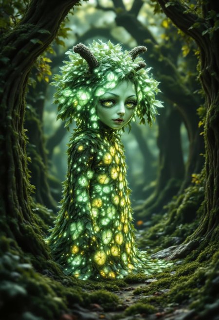 A sylvan creature, its skin the color of moss and its eyes shimmering with an emerald glow, stands within an ancient grove. It wears a dress woven from moonlight and wildflowers, adorned with iridescent feathers and shimmering with an ethereal light. Its presence seems to make the sunlight filter through the leaves in a kaleidoscopic dance, the colors blending and swirling like liquid dream