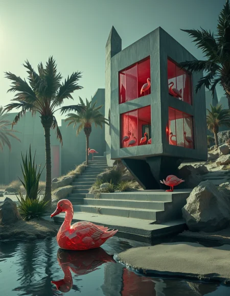 rp_slgd, photo of a house on a small island next to pond, brutalist architecture, duck pond, palms, sand, flamingos, stairs, beach, sun, bird  <lora:zzz_trained\xl_rpr_soulgemmed_v1>