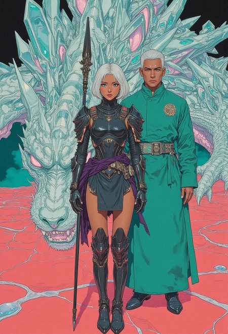 pingtu style, illustration-fen. This is a digital illustration, straight-on view, showing a girl dressed in futuristic Tibetan armor with sharp geometric designs. Her skin is bronze, and her short white hair has bright blue streaks. Her eyes glow softly with a cyan color, and she looks calm but strong. She wears dark gray armor with rose-gold edges on her shoulders, knees, and chest, mixing style and protection. A glowing trident is strapped across her back, wrapped in violet fabric. Her boots are made of clear material that looks like resin, making her seem like she's floating.
Standing just behind her is her elder guide—an androgynous figure with a short platinum haircut. They wear smooth jade-green robes with soft bronze and pearl patterns that change in the light. Their calm eyes show wisdom and strength.
Behind them is a massive dragon made of crystalline, angular shapes in light turquoise and lilac. Its eyes glow white with power, and the dragon’s sharp, regal features stand out, giving it an air of both strength and mystery. The ground beneath them is coral red, cracked with glowing pink lines, and the background is filled with soft green mist. The scene blends ancient tradition with futuristic style, creating a strong, magical atmosphere.