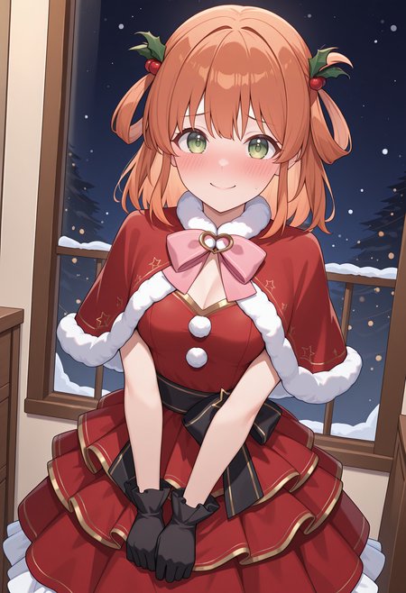 highres, best quality, masterpiece, night, indoors, christmas,
1girl, solo, pcrrino, hair rings, orange hair, brown hair, medium hair, green eyes,
rinomas, hair ornament, hair flower, cherry hair ornament, fur-trimmed capelet, red capelet, red dress, pink bowtie, waist bow, black bow, frilled dress, santa costume, layered dress, black gloves,
looking at viewer, blush, smile, embarrassed, 
v arms, 
<lora:_rino_pcr-elesico-ilxl:1>