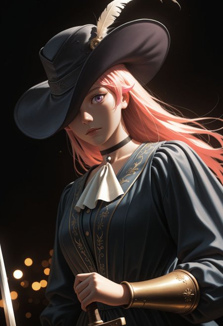 masterpiece,best quality,absurdres,highres,very aesthetic,high quality,detailed,insanely detailed,beautiful,perfect lighting, ,depth of field,blurry background,bokeh, looking at viewer,
redrenaissance, medieval, realistic, painterly,renaissance clothes, hat, hat feather, hat over one eye, ascot, armor, holding, holding weapon, holding sword, planted sword, upper body, looking at viewer, dynamic angle, black background, abstract background, dark, chiaroscuro, hard lighting, muted colors,
 <lora:Wakatsuki Niko illu:1> 1girl, pink hair,ahoge, purple eyes, long hair, choker,