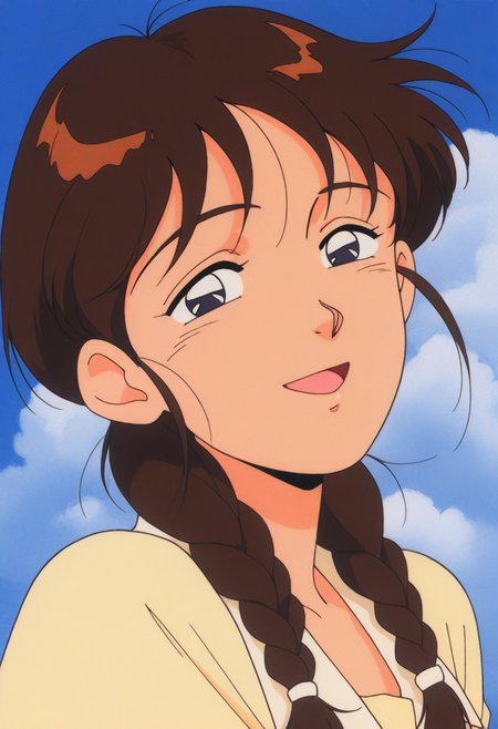 masterpiece, best quality, source_anime,official art,perfect_anatomy,1990s_\(style\),retro_artstyle,1girl,solo,Yu Izumi,brown_hair,long_hair,twin_braid,shirt,looking_at_viewer,smile,open mouth,portrait,day,blue_sky,cloud