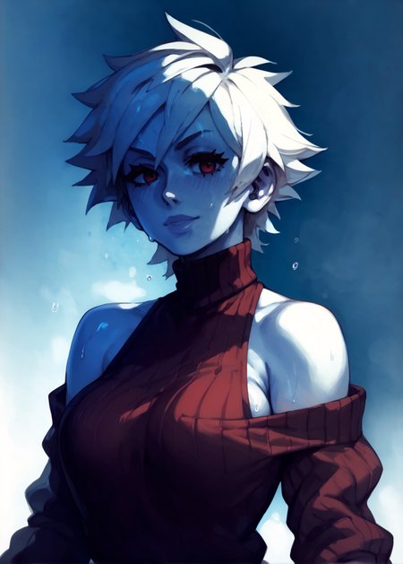 white skins, spiky red short tomboy hair, neutral expression, tight sweater, <lora:NAHIRI:1> nahiri, 1girl, solo, short hair, breasts, bare shoulders, white hair, colored skin, side boob, sweaty, underbob  <lora:RD-MAnon-XLV1.1:1>  female,, source_anime, score_9_up,  score_7_up, score_8_up