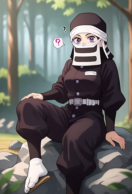 score_9, score_8_up, score_7_up, source_anime, masterpiece, 1girl, ctiankakushi, purple eyes, medium breasts, black headwear, mouth mask, black uniform, white belt, black pants, tabi, zouri, looking at viewer, outdoors, forest, depth of field, sitting, rock, sweat, ? <lora:Kakushi_Pony_ct:0.8>
