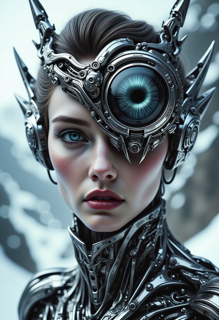 surreal rendition of a cyclops-woman of biomechanical origins, a woman with a single large eye on her forehead, one large eye on top of her nose, corrupted D&D style, fantasy, digital art, studio lighting, intricate details, artistic, close-up,  dynamic composition, intense, luxurious, great composition, shiny, snowy mountain background <lora:Dever_Flux_Enhancer:0.5> <lora:dvr-transformers-flux:0.8>,