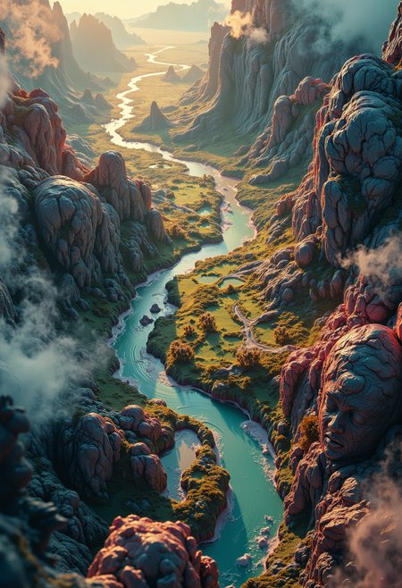 Masterpiece, forced perspective, bird's-eye view of a memory cartographer, neural compass in hand, charting the landscape of forgotten dreams, unprecedented detail, 16K resolution, psychology textbook cover, intricate emotional terrain features, subconscious symbolism background