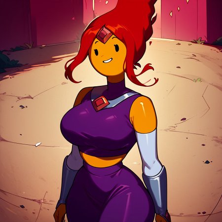 score_9_up, score_8_up, score_7_up, score_6_up, Cartoon,
,1girl,solo, <lora:FlamePrincess_PDXL:1>, flame princess, yellow skin, red hair ,dot eyes, mob face, 
purple crop top, purple miniskirt, purple thigh boots, gorget, vambraces, purple dress, white elbow gloves,
huge breasts ,wide hips, thick thighs, 2D, 
shiny skin,
outside, nighttime, smiling