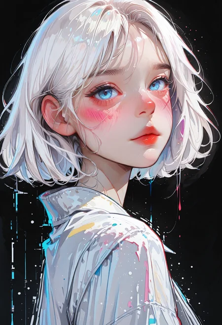 masterpiece, best quality, amazing quality, 1girl, solo, looking at viewer, blush, short hair, blue eyes, simple background, closed mouth, upper body, white hair, from side, lips, black background, portrait, nose, red lips, (glitch:1.3), Karinami Inkblush mode,thick ink outlines,soft marker gradients,era 2020s indie illustration,(Inkblush style:1.2), watercolor, mult1c0l0r3d, colorful, multicolored 
<lora:DetailedEyes_V3:1> <lora:USNR_STYLE_ILL_V1_lokr3:0.45> usnr <lora:ponyv6_noobV1_2_adamW:0.9> <lora:GENESIS_MK0.2:0.5>  <lora:KoreanStyleSDXLvpred10:1> AiKoreanStyle, lips, korean, asian <lora:KRGRL-IL:1>