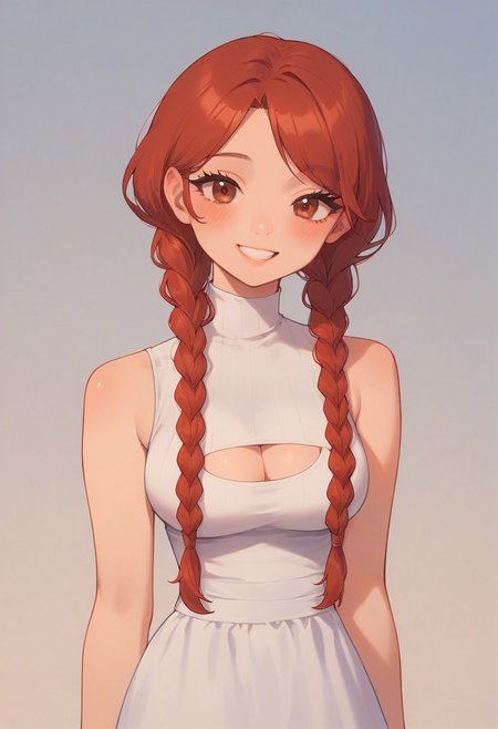 score_9,score_8_up,score_7_up,blurry,<lora:PetraStyle:1.8>,((masterpiece)),illustration,high detail, trending,kawaii,pale skin,red hair with braids, brown eyes,long eyelashes, blush,white sleeveless summer dress,smile,big breasts,cleavage,sexy