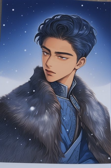 (masterpiece,best quality,ultra_detailed,highres,absurdres:1.2)),a boy sitting on a throne look down at you,male focus,  brown skin, dark blue hair, snowy background, copic marker illustration<lora:krmaleface-4-sdxl:1>