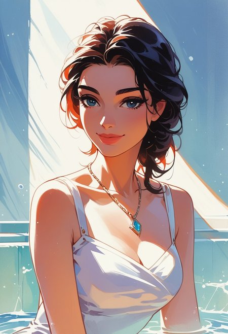score_9, score_8_up, score_7_up, score_6_up, source_cartoon, 1girl, female, solo, femenine, petite, lean, pale skin,, soaking wet hair, smile, diaphonous white dress, bronze necklace, medium breasts, female focus, official style, close up, perfect anatomy, perfect face, standing,  abstract beauty, beautiful, centered, looking at the camera, approaching perfection, dynamic, moonlight, highly detailed, watercolor painting, artstation, concept art, smooth, sharp focus, illustration, portrait