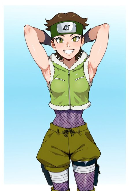 score_9, score_8_up, score_7_up, score_6_up, source_anime, BREAK, 1girl, solo, (( <lora:izuno_wasabi:1> , izuno_wasabi, beautiful olive-green eyes, clear eyes, bright pupils, beautiful eyes, thin waist, wide hips, beautiful skin, beautiful tousled short brown hair, medium breasts, natural beauty, extraordinary beautiful woman, attractive woman, super sexy woman, lustful body, sexy woman with seductive obscene body, sensual body, voluptuous body, sexy beauty, )) , ((konohagakure olive-green forehead protector headband with dark grey konoha symbol, light green cropped short-sleeved zip hoodie sweater with white fur trim edges, fishnet bodysuit, green shorts, brown ninja boots, black fingerless gloves, holster, bandage on thigh, )) , cowboy shot, smile, sexy, dutch angle, hands behind head,