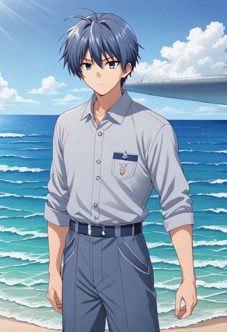 high resolution, solo, best quality, 1Boy, Tomoya Okazaki, Grey Blue Hair, sea, bow cruise ship, stong wind, ocean, OverallDetail