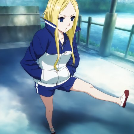sharp focus, pixiv masterpiece, score_9, score_8_up,  source_anime, score_7_up, best quality, high res, absurd res, BREAK
<lora:Nino_arakawa_under_the_bridge_illu_v38:1>,nino_arakawa_il, (1girl, solo:1.5), blonde_hair, blue_eyes, blue_white_tracksuit, number_tag, uwabaki_shoes, long_hair,(anime_screencap:1.1) hands_in_pockets, blue_shorts, side_stripes, full body, standing, sunny day