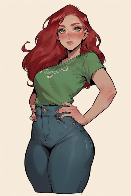 <lora:Cherry-Gig:1>, score_9, score_8_up, score_7_up, score_6_up, score_5_up, rating_questionable, source cartoon
1girl, pretty face, pretty eyes, detailed eyes, HD eyes, thick thighs
hands on hips, standing, cowboy shot
looking at viewer, blush, eyebrows, long hair, red hair, green eyes jeans, green t-shirt, boots, high waisted jeans
simple background, white background