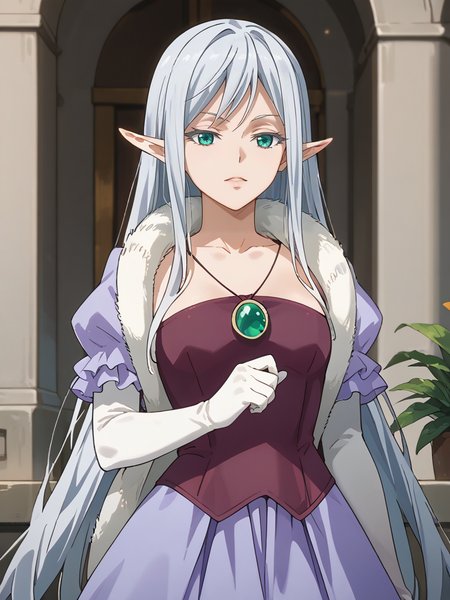 score_9, score_8_up, score_7_up, score_6_up, score_5_up, score_4_up, source_anime, <lora:StS_PonyXL_Detail_Slider_v1.4_iteration_3:3.5>,cinematic shadow, character focus, detailed skins,  soft skins, (cowboy shot:1.4), perfect curvy small breasts,dynamic pose,  <lora:Elmesia_El-Ru_Sarion:1>,elmesia, pointy ears,aqua eyes, bangs,long silver hair,
,elmesiadress,collarbone, jewelry,necklace,white fur scarf, white elbow gloves,puffy short sleeves, purple frills,maroon corset, long purple skirt,