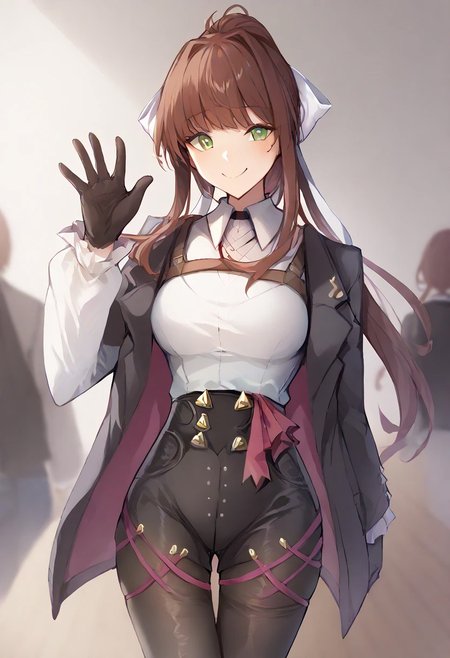 score_9, score_7_up, <lora:kakao_(chocolate_land)-Style-PonyXL-DoRA-000044:1>, ddlcmonika, blunt bangs, brown hair, green eyes, long hair, ponytail, ribbon, white ribbon, hair ribbon, sidelocks, black jacket, gloves, high-waist shorts, jacket, pantyhose, pantyhose under shorts, shirt, shorts, white shirt, bright smile, cute, blush, half body, background, simple background, hand, hand waving, looking at viewer,