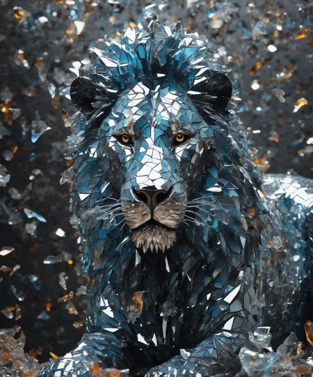 Made_of_pieces_broken_glass, Realistic animal sculptures, of a lion meticulously assembled from thousands of glass shards <lora:Made_of_pieces_broken_glass:0.8>,<add-detail-xl:0.75>, best quality, masterpiece, uhd, 8k,Canon EOS R3