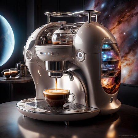 <lora:TechPunkAIv2Pruned:.9> LunarPunkAI  coffee machine (Highly detailed, amazing fantasy setting), (Shiny Impressive lighting), (Colorful, Ultra Realistic, High quality, Highly detailed, Sharp focus, 8K UHD, Art photography), (trending on artstation)