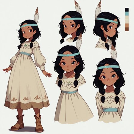 masterpiece, best quality, amazing quality, CharacterDesignIllustrious, reference sheet, simple white background, (color guide:1.2), (multiple views), (full body), dynamic pose, TLily, 1girl, solo, dark skin, black hair, twin braids, feather hair ornament, blue headband, black eyes, dress, boots,