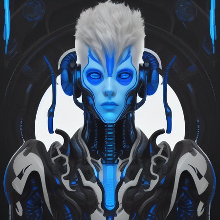 male focus, short hair, blue lips, science fiction, white hair, upper body, glowing eyes, shoulder armor, earrings