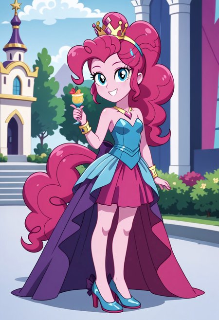 score_9, score_8_up, score_7_up, score_6_up, from My Little Pony Equestria Girls, a very young little human girl Pinkie_Pie wearing a fit blue|sky|green|brown|darkpurple|red|yellow gradients colors short princess dress, elegant detailed princess shoes, solo, 1girl, little princess girl, gradient dark pink hair with crown hairband, smile, childhood, looking at viewer, glow detailed eyes, garden of canterlot, tul, chiffon, laces, semi realistic cartoon, unreal engine 5,  full body close-up, absurdres, digital art, soft light, perfect hands, perfect, hands, perfection, soft pink skin, skyblue eyes, party accesories and shoes, jewelry, tres chic,<lora:age_slider_v4:-4>,