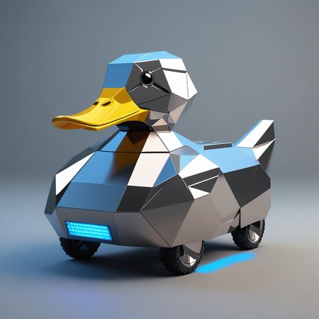 a low poly duck made from stainless steel in the style of a cybertruck, led headlights