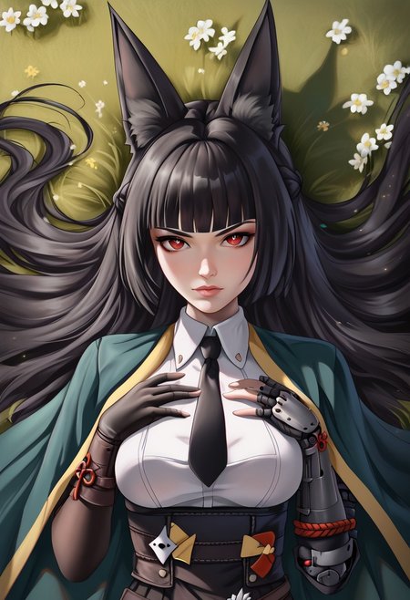 hoshimi, red eyes, black hair, very long hair, blunt bangs, braid, fox ears
green cape, jacket on shoulders, fingerless gloves, left mechanical arm, gauntlets, white shirt, long sleeves, black necktie, black skirt, high-waist skirt, pantyhose, long skirt, pleated skirt, side slit
look up, 
solo, lying, grass and flowers, hair spread out on the ground, hands on chest,
view from above, close view, upper body on image, face on image
Detailed background, detailed, DNDFG, Detailed drawing, Fixhand