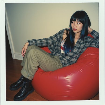 Polaroid  photo of a young woman around 19, Asian American. Mixed Japanese and philipina ethnicity.
Alt style, slightly 1990s Seattle and early 2000s hot topic aesthetics in her dress and makeup. Hint of emo or scene girl style. Tomboy and goth style and attitude.
The woman is reclining on a red beanbag chair, looking stunning and casual. She's looking off to the side in a candid moment. Indoors, flash photography. 1990s film stock and grain.
She's wearing a baggy grey flannel shirt over a tight tank top. Baggy khaki cargo pants with combat boots. Long black hair with a bright blue highlight. Actual 1995 film print photography, Amateur photography, 2005 blog
