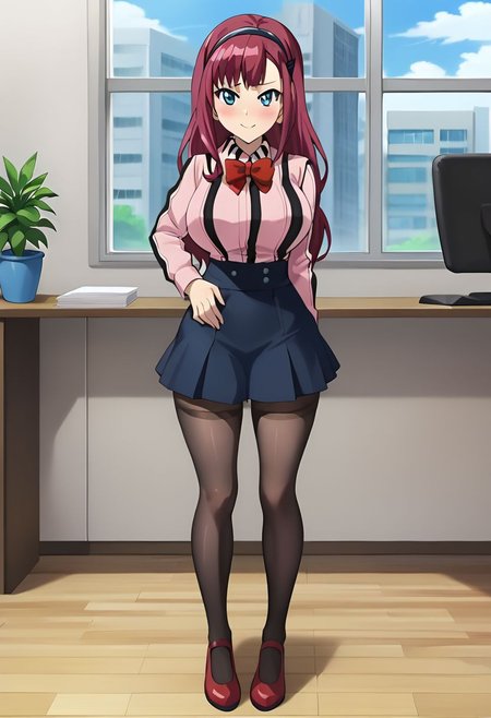 BREAK score_9, score_8_up, score_7_up, anime style, Christina Kuroda, full body, huge breasts, wide hips, thick thighs, whites skin, pink hair, long hair, blue skirt, pink shirt, shirt with black stripes, blue eyes, red bowtie, black headband with the Beyblade symbol, skirt with four buttons and two white stripes, long black stockings, red shoes, background office, looking at viewer, seductive