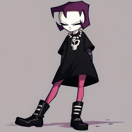 score_9, score_8_up, score_7_up BREAK GazIZ, 1girl, purple bob cut, pale skin, closed eyes, black dress, long gray sleeves, skull necklace, pink leggings, black boots,
