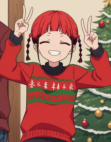 score_9, score_8_up, score_7_up, source_anime, <lora:chise-asukagawa-s1-ponyxl-lora-nochekaiser:1>, chise asukagawa, short hair, blue eyes, braid, red hair, multicolored hair, mole, twin braids, gradient hair, mole under mouth, anime screencap,, <lora:christmas-sweater-ponyxl-lora-nochekaiser:1>, christmas sweater, christmas, ugly sweater, print sweater, red sweater, christmas tree, christmas ornaments, sweater, multicolored sweater, , v, smile, hands up, teeth, closed eyes, cowboy shot,, , dutch angle, cowboy shot