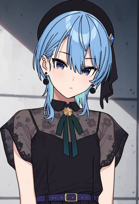 masterpiece,best quality,amazing quality,
1girl, solo, hoshimachi suisei, virtual youtuber, blue eyes, blue hair, hat, looking at viewer, upper body, earrings, jewelry, black headwear, neck ribbon, beret, ribbon, bangs, hair between eyes, closed mouth, see-through, medium hair, short sleeves, short hair,
<lora:Imamura_Ryou:1>