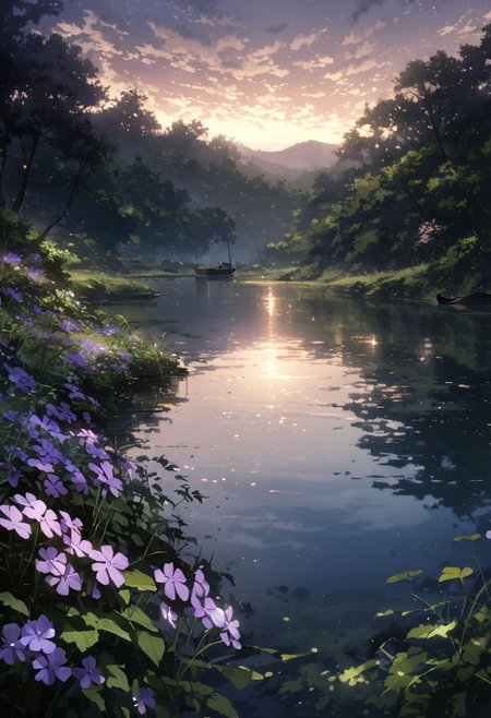 detailed background,( Calm spring night landscape), amongst lush greenery, beautiful view, creeping phlox in full bloom, creeping phlox, early morning, sunrise sky, beautiful clouds, dappled sunlight, outdoor seating, one lamp, Tranquil Lake, Boat on a Lake, depth of field, masterpiece, best quality, ultra-detailed, very aesthetic, illustration, perfect composition, intricate details, absurdres, moody lighting, wisps of light, no humans,
