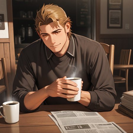 masterpiece, best quality, amazing quality, absurdres, newest, detailed background, definition so sharp, Ultra-HD, 8K cinematic, very awa, impressionate, amazing quality, highres, 
solo, male focus, manly, shadow, shiny skin,
ekusoushizumu, ekusou_brunette, ekusou_orange eyes, 1boy, short hair, sideburns, stubble, vintage_cafe, coffee_shop, warm_beverage, steaming_cup, book, newspapers, wooden_table, comfortable_chair, cozy_ambiance, soft_jazz, afternoon_light, relaxed_pose, gentle_smile