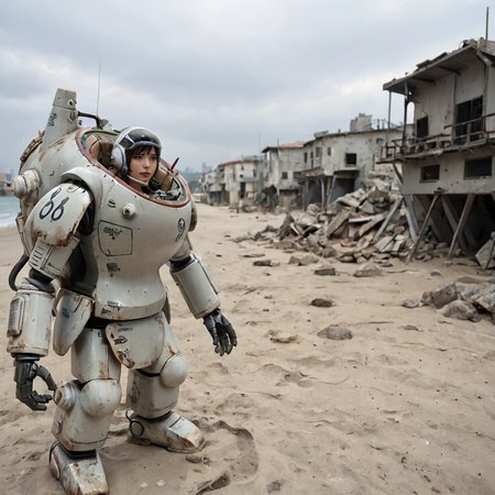 score_9,score_8_up,score_7_up, shiny oild skin, wet, sweat, looking at viewer, 
MKrieger, science fiction,  grey sand, regolith, craters, smoke on horizon,mecha, robot,action, kow_yokoyama, (SAFS), pilot_inside, fully_open_hatch, 1girl, exotic face, short hair,  helmet, upper body, city ruin, rubble, 
 <lora:Maschinen_Krieger_Pony:0.75>
