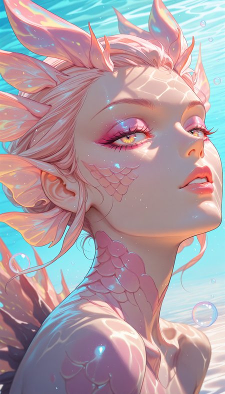 (masterpiece, gradient, recent, good_quality, high_quality, newest, very aesthetic, blurry_background, depth_of_field, vibrant colors, abstract_background, colorful, anime_coloring, vectortrace, flat_colors, realistic) 
(mizutsune, 1girl, makeup, shiny_skin, seductive, eyelashes, eyeshadow, fisheye, foreshortening, close-up, eye_focus, lighting, shadows, caustics, bubbles, underwater, iridescent_body, pastel colors, godrays, day, two_tone_scales, particle effects, detailed background, fantasy, perspective)
