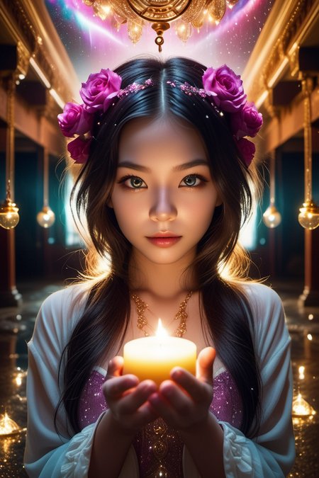 (Hyperreal:1.4),
(((full body shot:1.5))), raw, emotional, dynamic, distortion for emotional effect, vibrant, use of unusual colors, cute cinematography, (realistic, photo realistic:1.4),
kitsune with cunning intelligence  in sparkling chandeliers in a haunted hall celestial city with golden streets, drained blood, sound of rain, rippling water , god trying to touch the stars, Terrifying incident psychedelic, romanticized, bloom, swirling lights, light particles insane,
<lora:DetailedEyes_xl_bdsqlsz_V1:0.5> detailed eyes, detailed face, detailed skin,
<lora:lora-sdxl-perfect-eyes:0.25>      perfecteyes